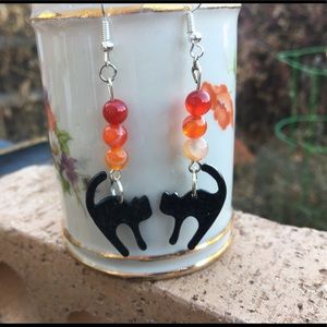 Orange Agate Black Cat Dangle Earrings